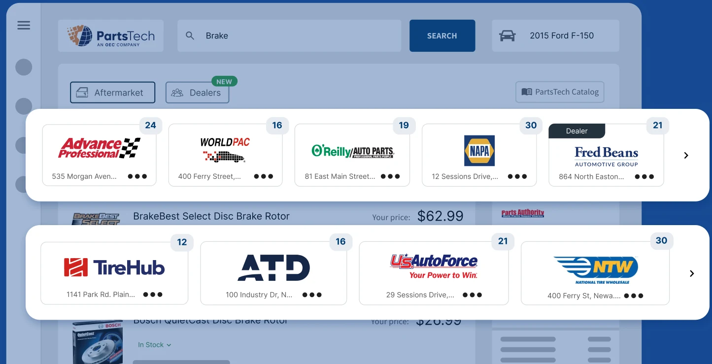 Add parts and tires from multiple suppliers to a single cart