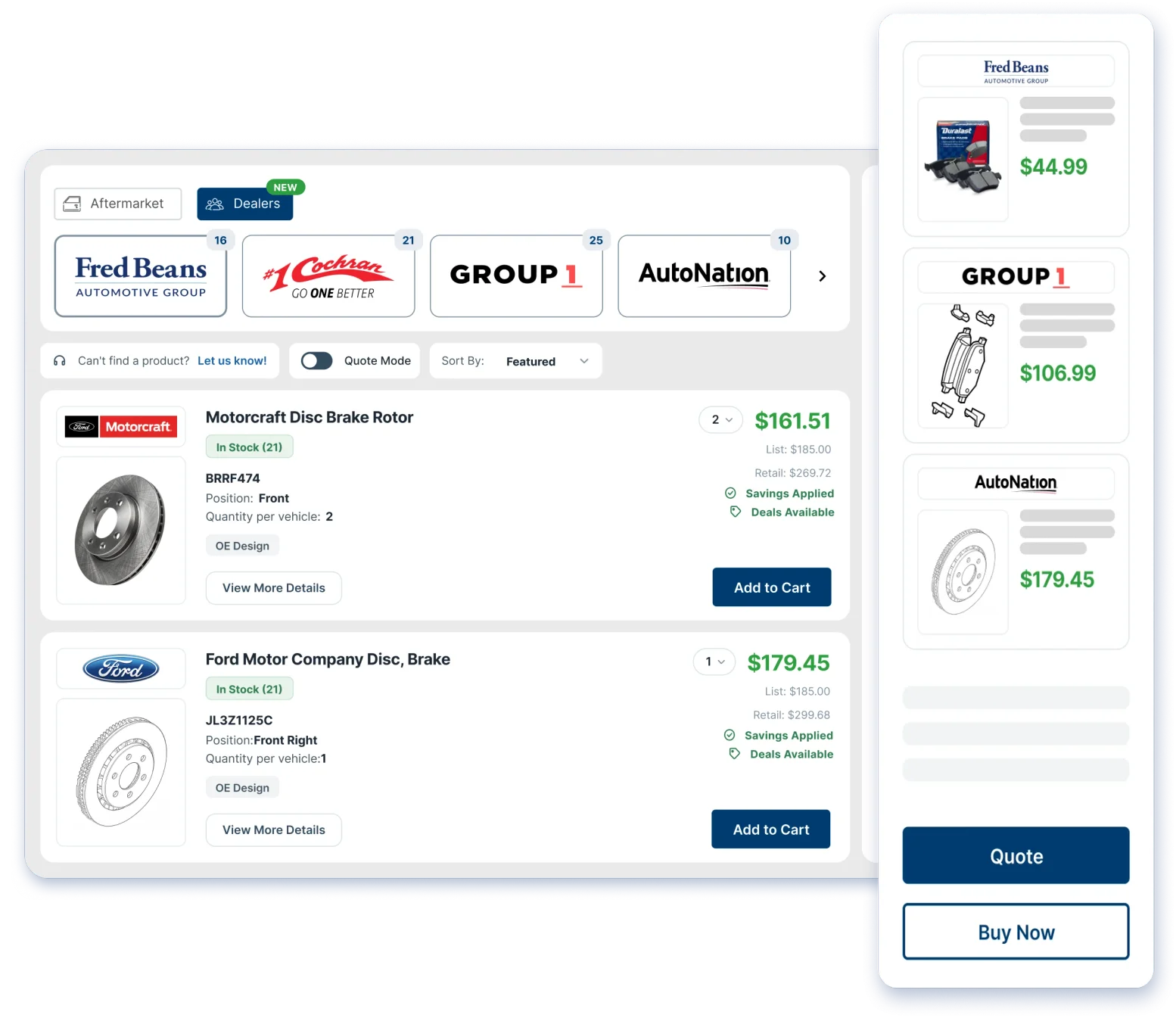 Dealer search results for a part alongside the PartsTech cart panel showing OEM parts ready to order